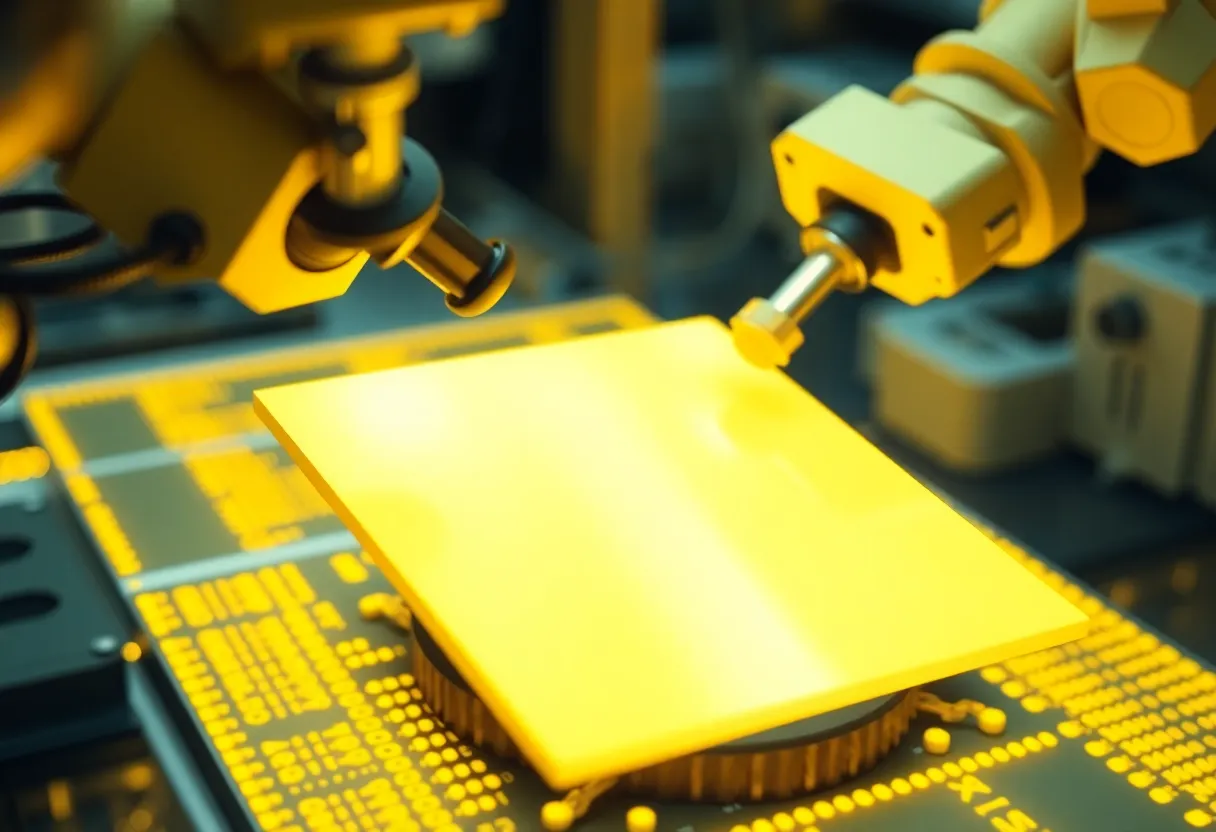 A silicon wafer being handled by robotic arms inside a semiconductor cleanroom under yellow lighting