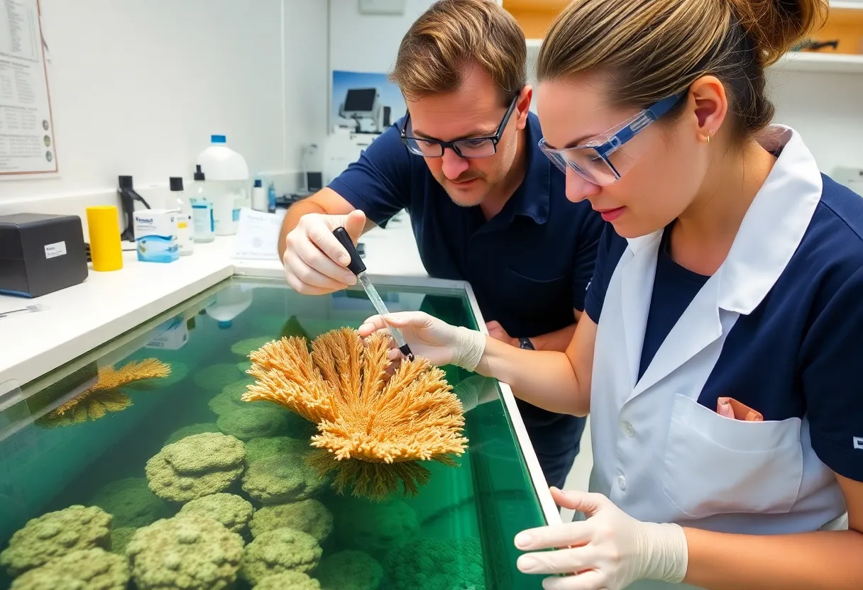 A marine biologist examining coral fragments in a laboratory tank with genetic sampling equipment