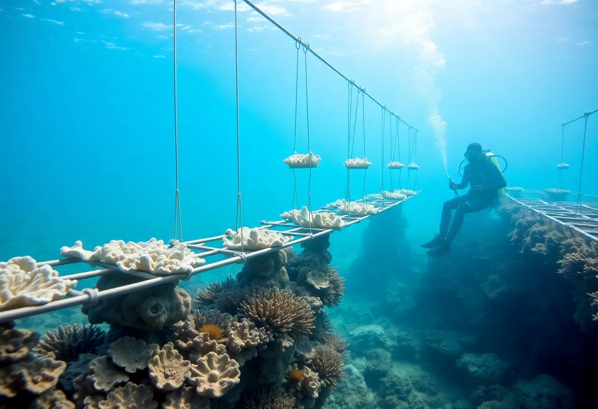 An underwater coral restoration nursery with coral fragments growing on suspended frames