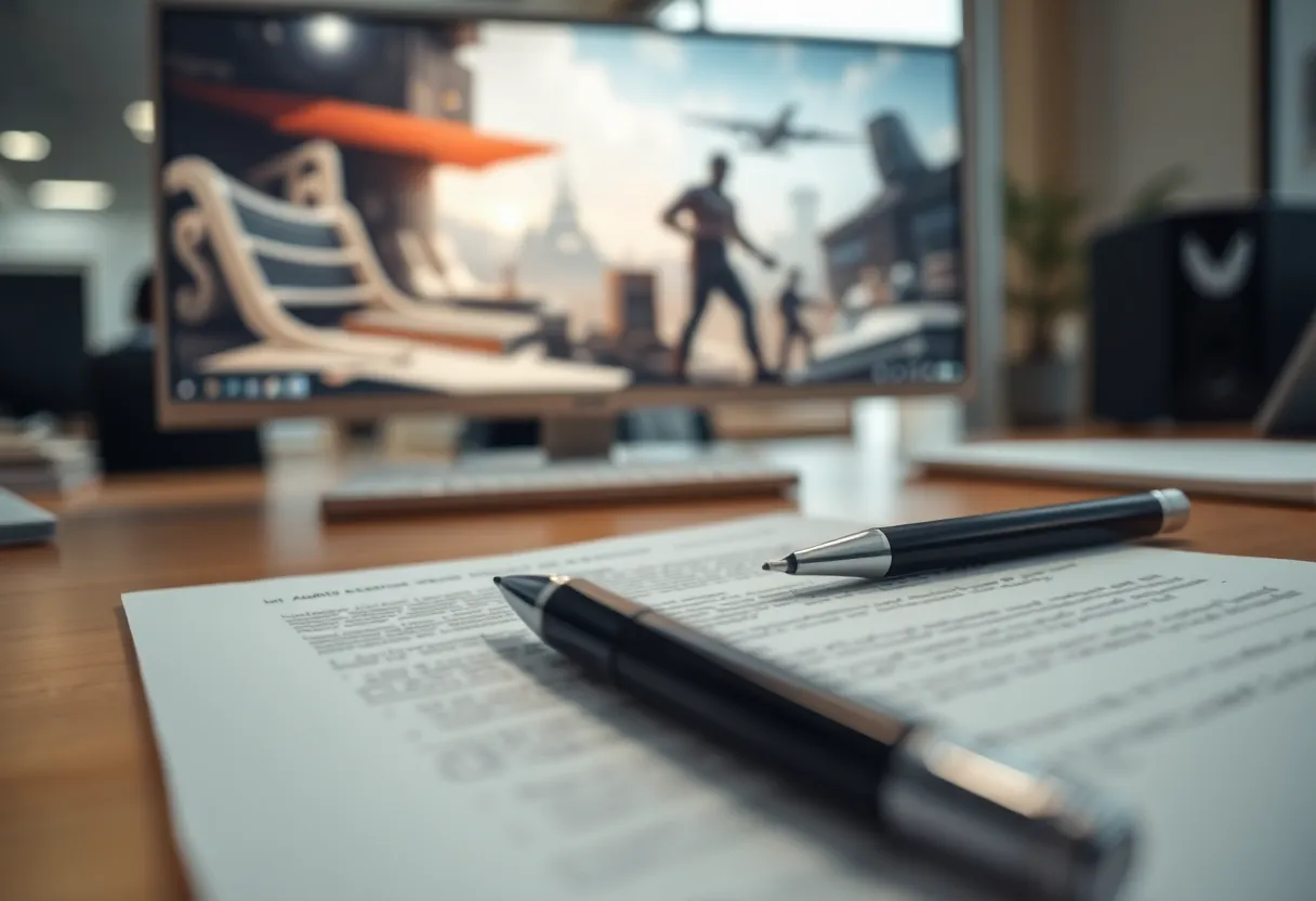 Close-up of a contract document on a desk with a pen and blurred game concept art on a monitor
