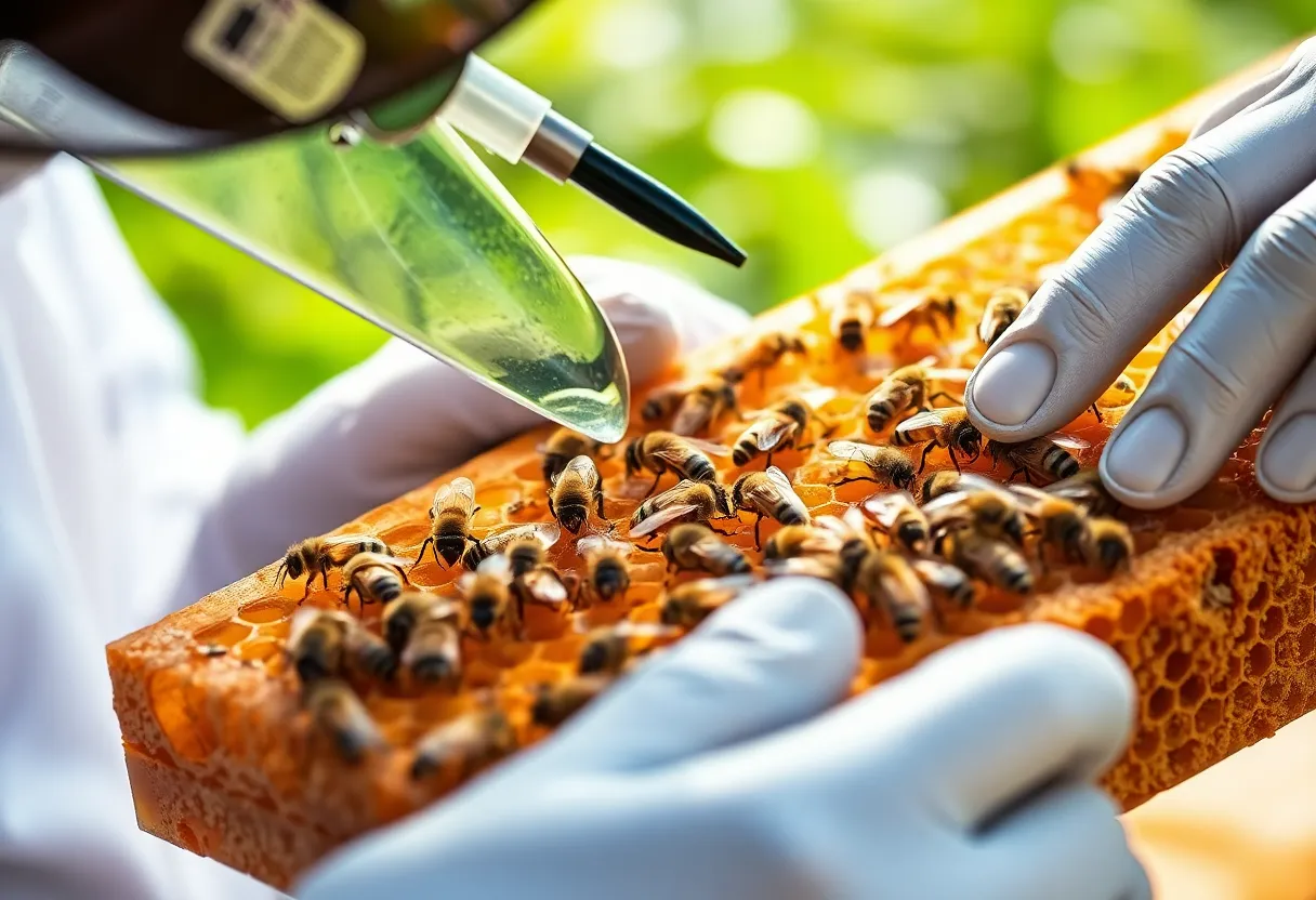 A researcher inspecting a honeycomb frame with sampling equipment for environmental monitoring