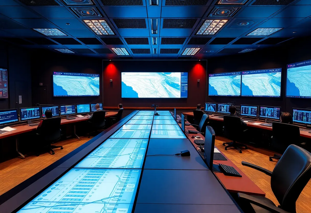 A railway control room with dispatchers monitoring train positions on large digital track maps