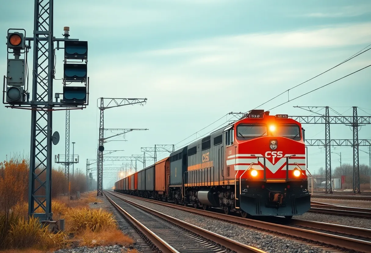 A freight train on tracks passing a signal tower with modern railway signaling equipment