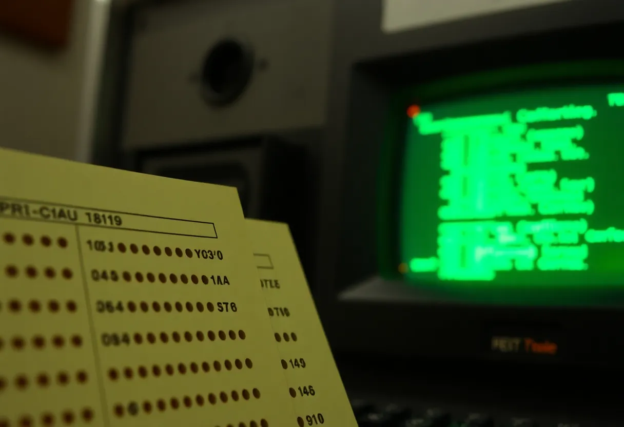 Close-up of old punch cards and a green phosphor terminal screen displaying text-based software
