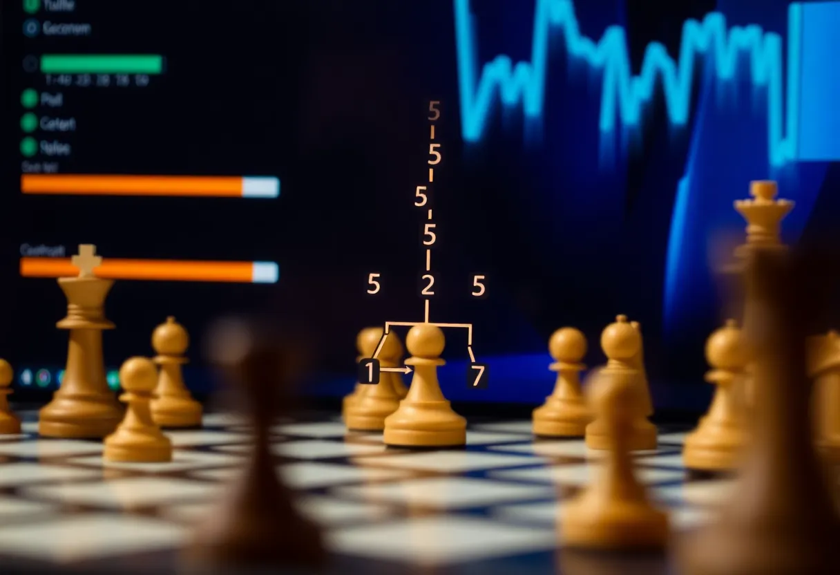 A computer screen showing a chess engine evaluation bar and deep calculation tree over a chess position