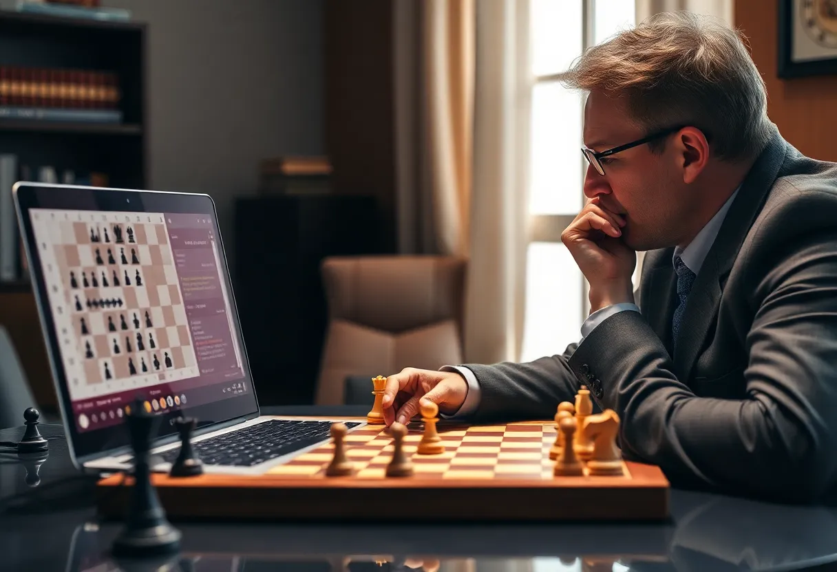 A chess grandmaster analyzing a game position on a laptop with chess engine evaluation lines