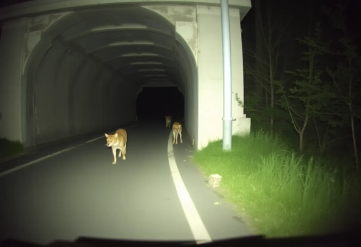 Wildlife camera trap footage of animals using an underpass tunnel beneath a road at night