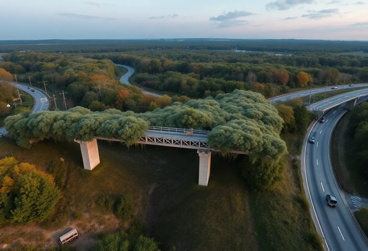 A wildlife overpass bridge covered with vegetation spanning a highway at dusk