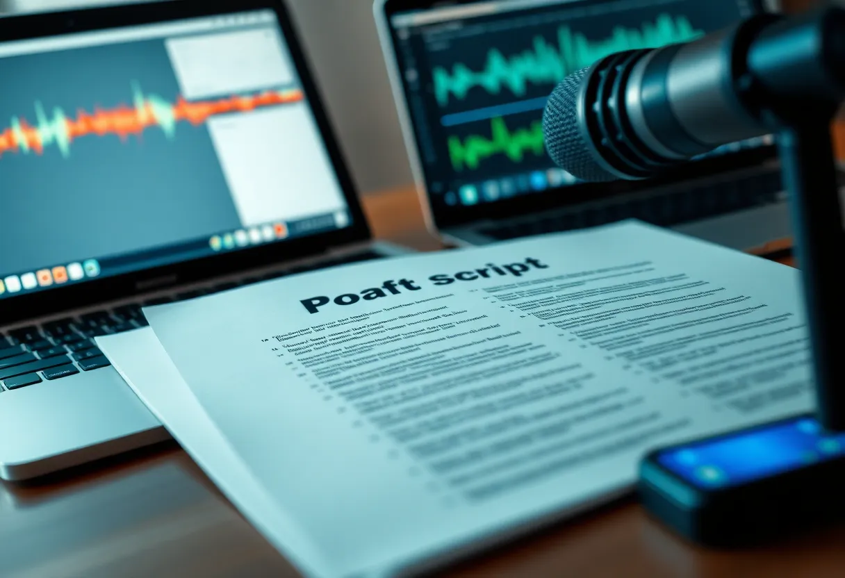 A podcast ad script on a desk next to a microphone and laptop showing an audio waveform editor