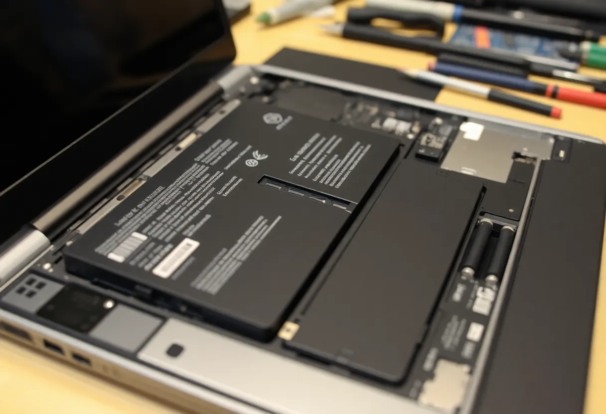 A disassembled laptop showing an exposed lithium-ion battery pack with visible cells