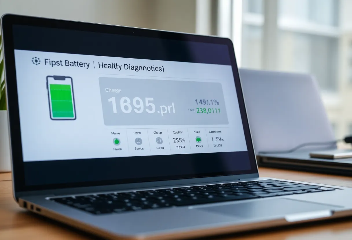 A laptop screen displaying a battery health diagnostics panel with charge cycle statistics