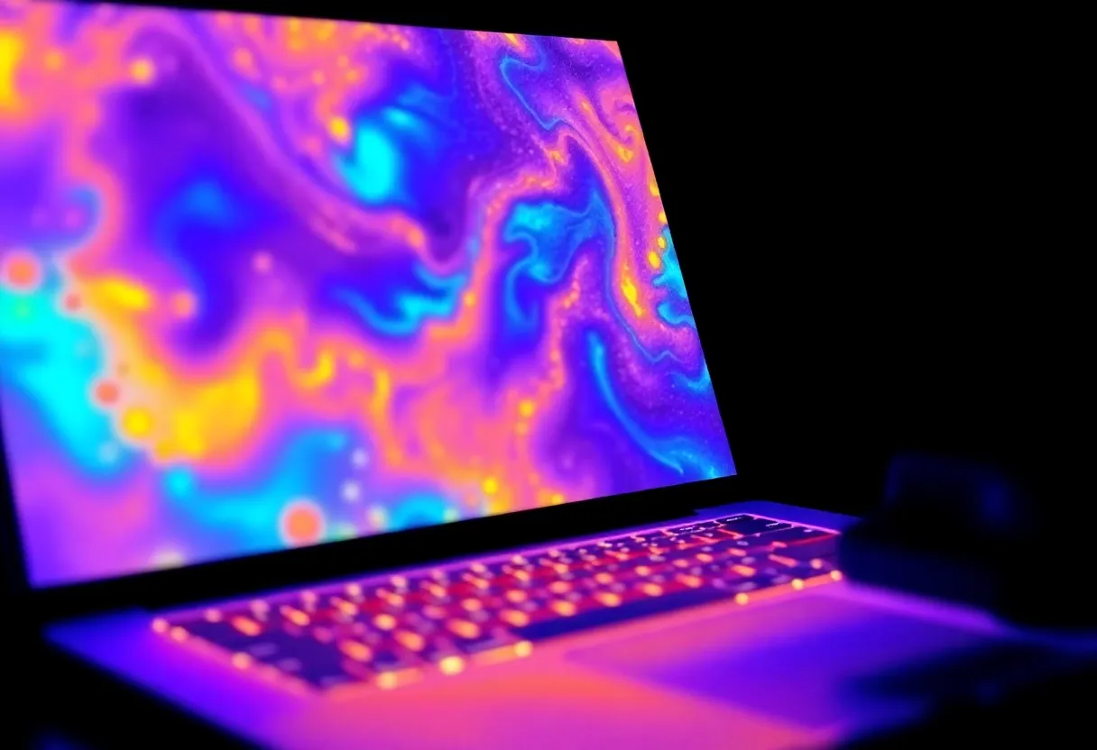 Thermal imaging camera view of a laptop keyboard showing heat distribution
