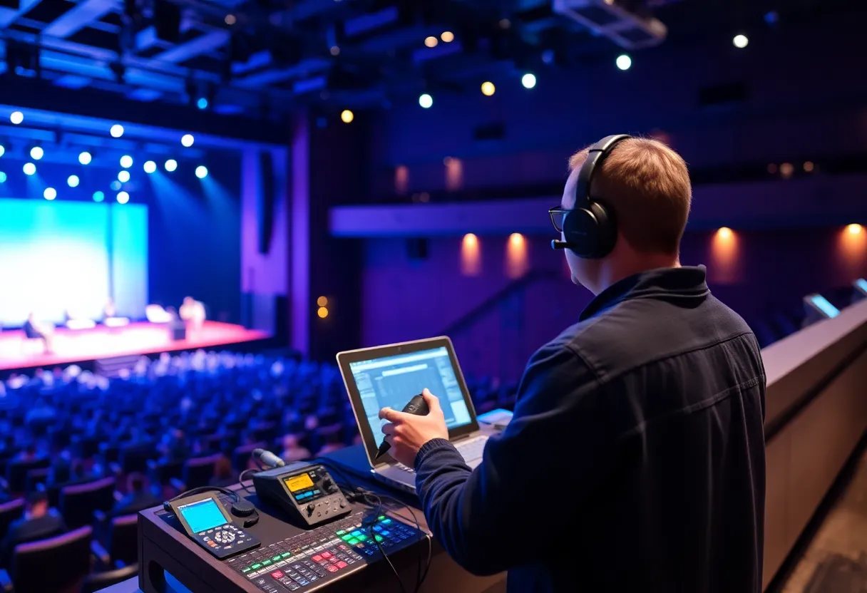 An acoustic engineer testing sound levels in a concert venue with a sound meter and laptop