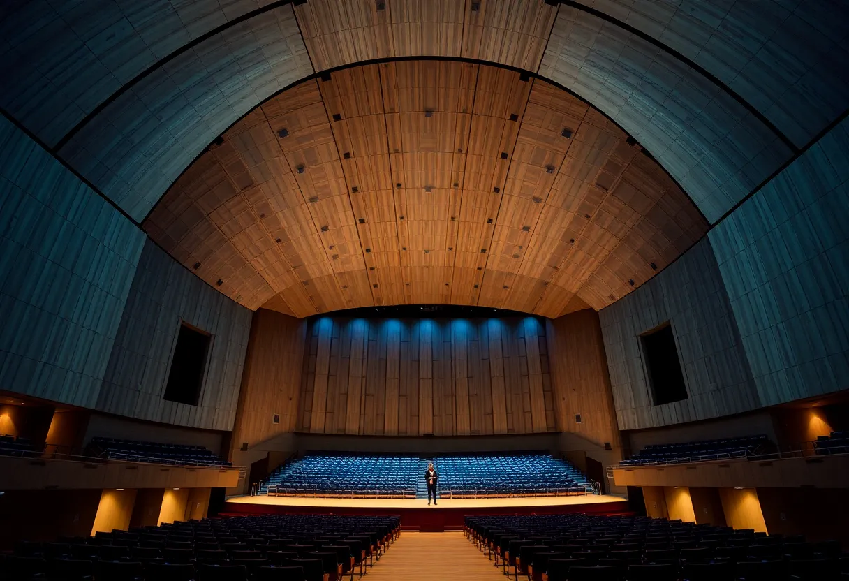 An empty concert hall interior showing acoustic panels and curved ceiling design
