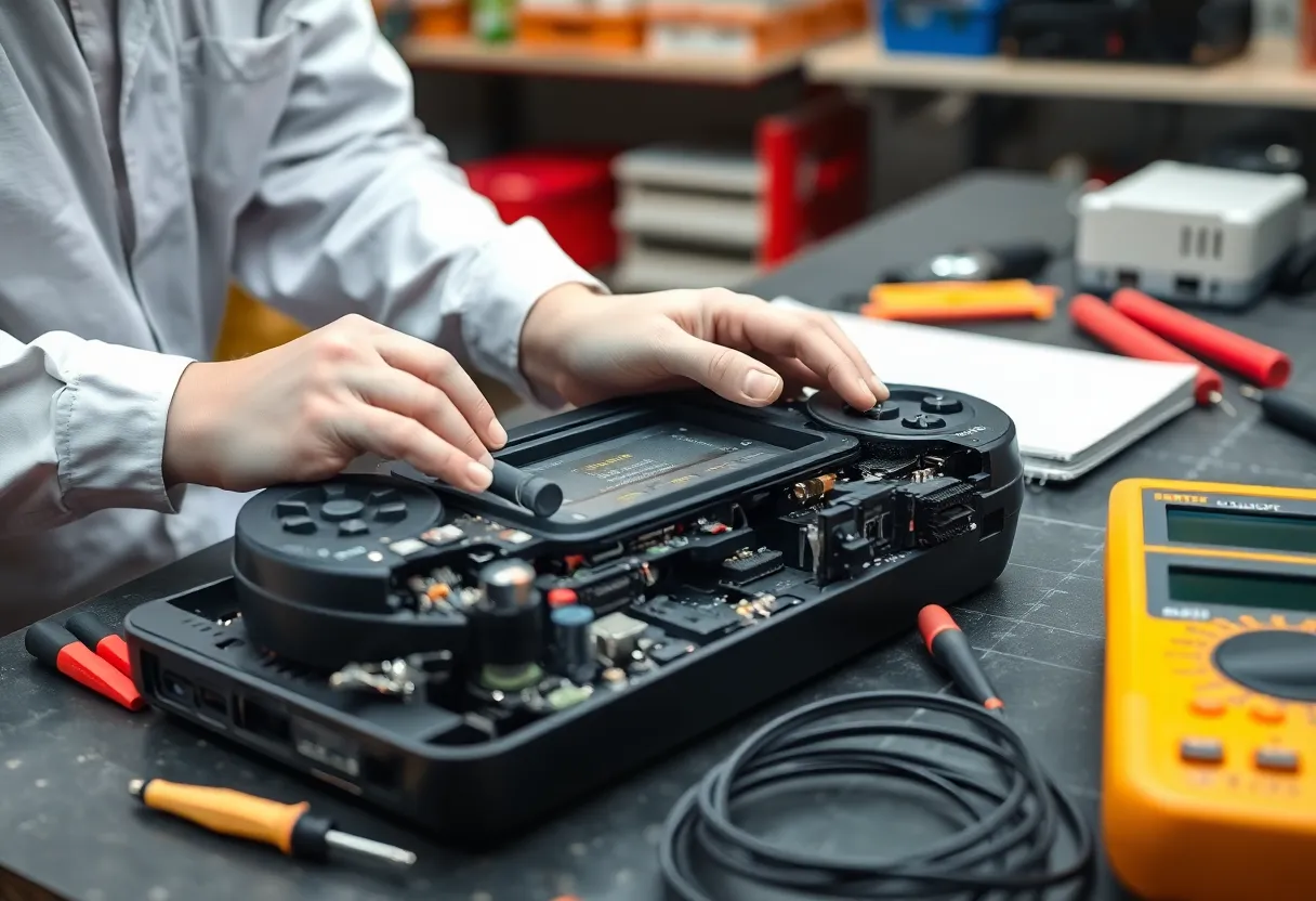 Technician repairing a disassembled game console on a workbench with diagnostic tools