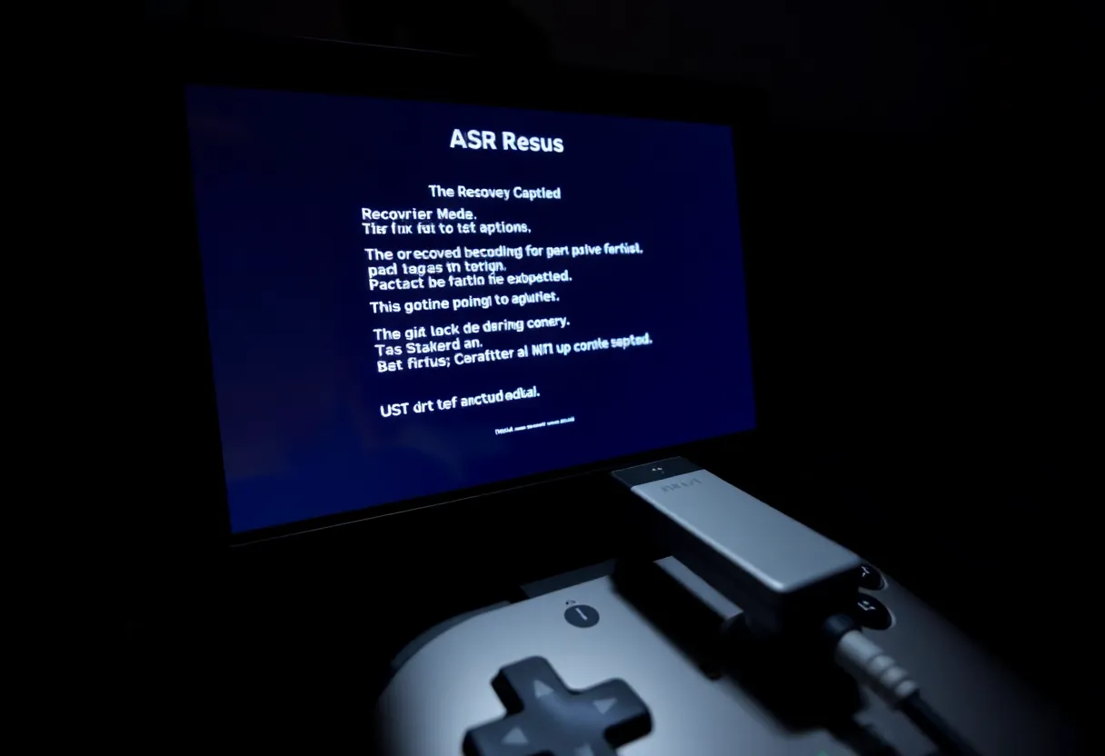 Video game console with a USB drive plugged in, screen displaying a recovery mode boot menu