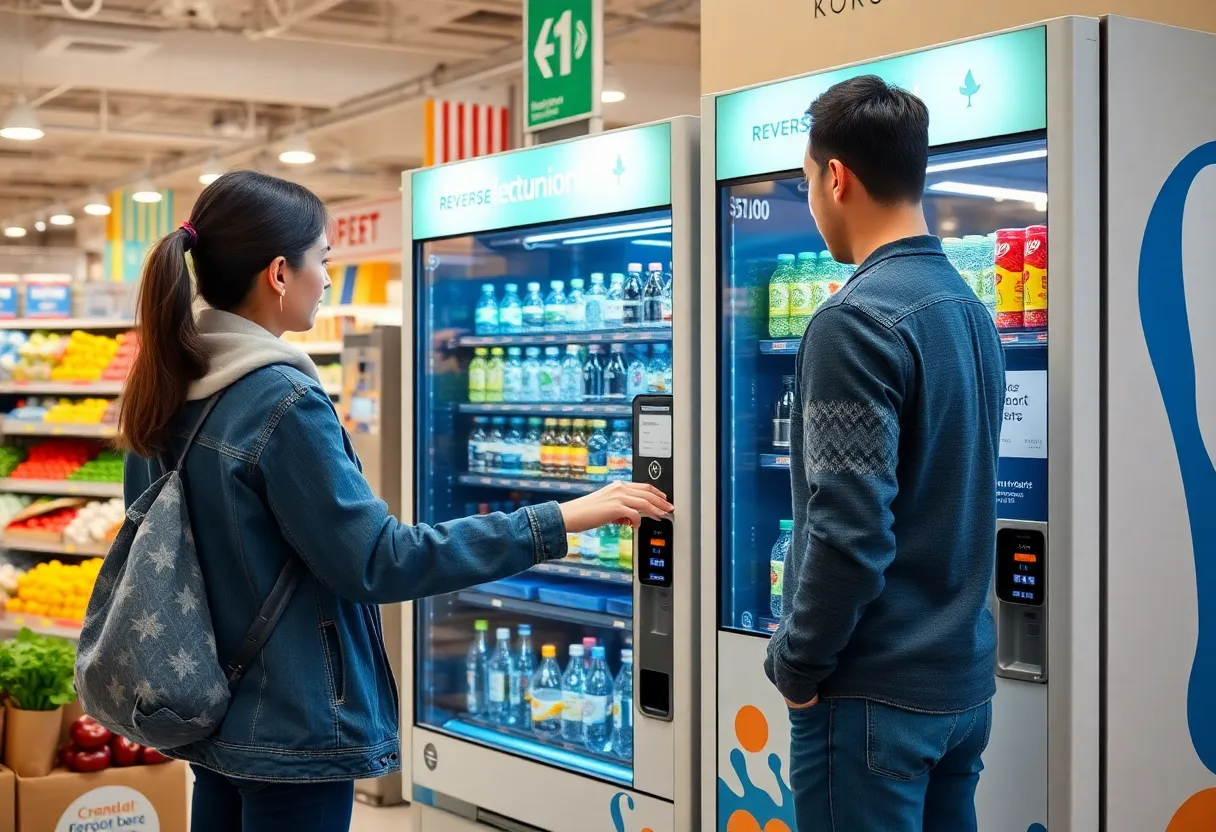 A person returning plastic bottles to a reverse vending machine at a grocery store