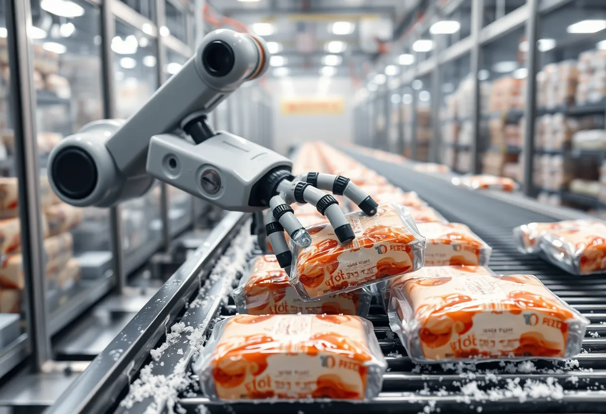A robotic arm handling frozen packaged goods on a conveyor in a cold storage facility with visible frost