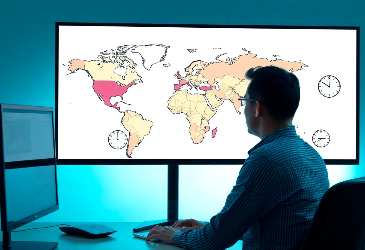 A software developer looking at a world map with multiple clocks showing different time zones