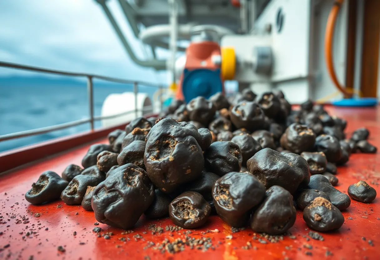 Polymetallic nodules collected from the deep ocean floor displayed on a research vessel deck