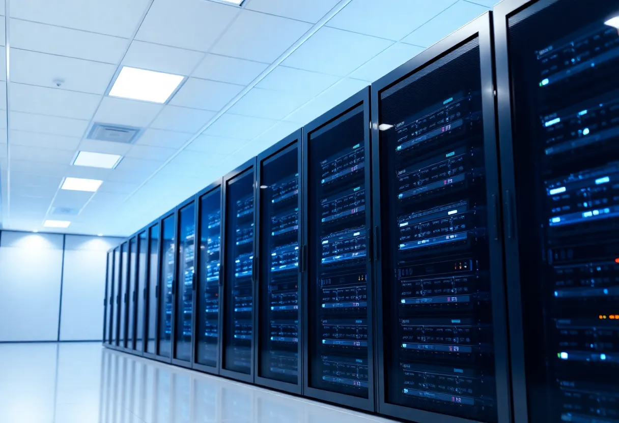Sleek modern data center server racks with minimalist design and cool blue lighting
