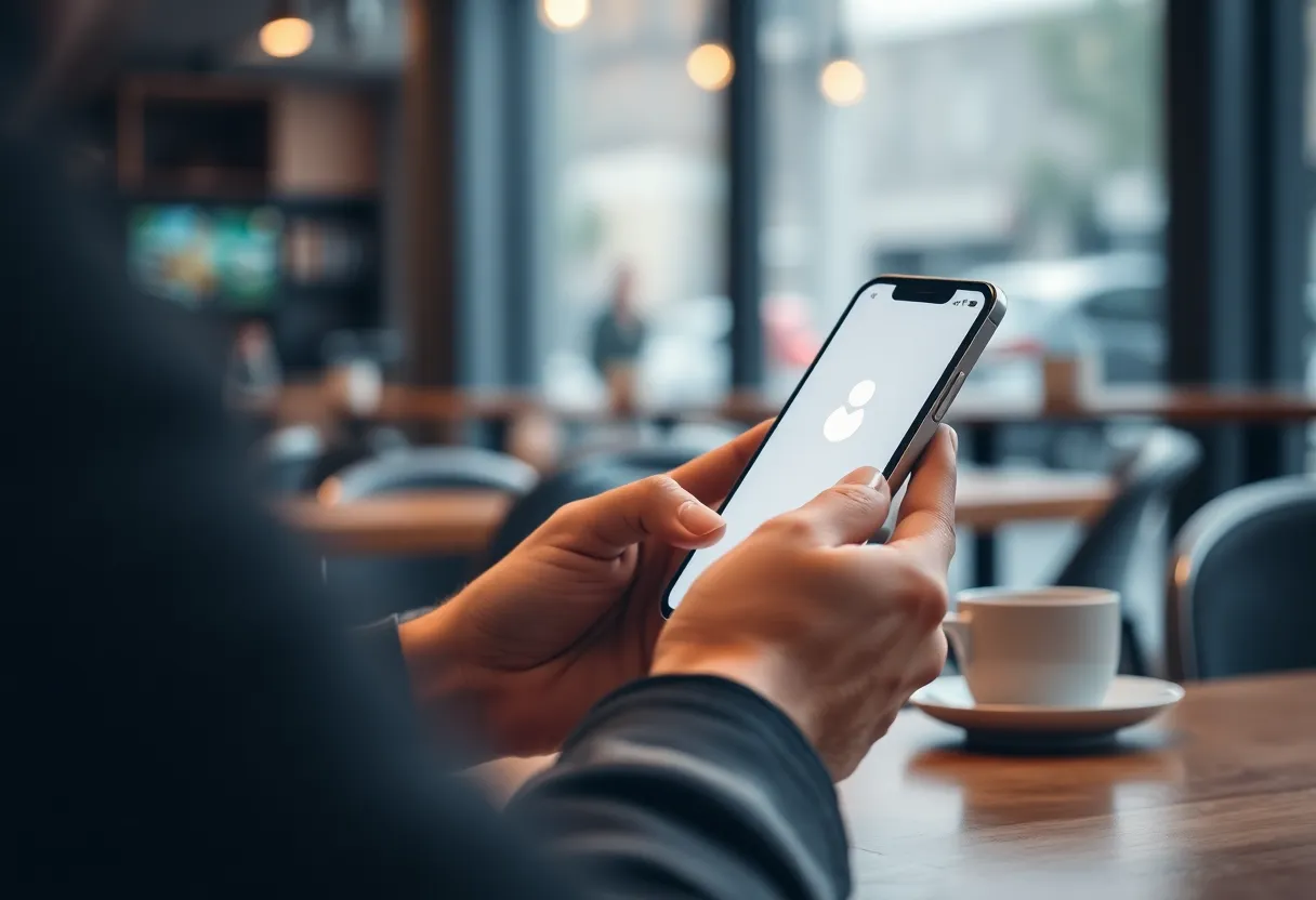 Person using an iPhone with an AI assistant interface glowing softly on screen in a cafe