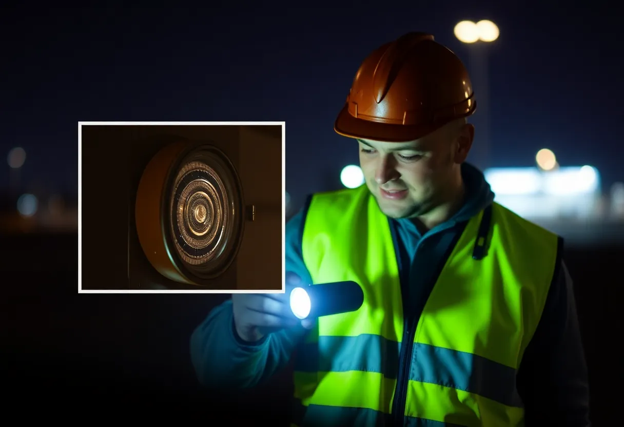 An airport maintenance technician inspecting an inset runway light fixture at night