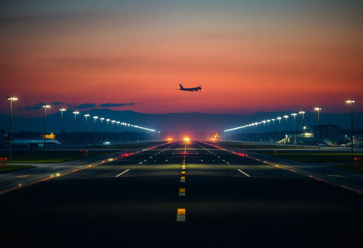 An airport runway at dusk with rows of illuminated approach lights and edge lights
