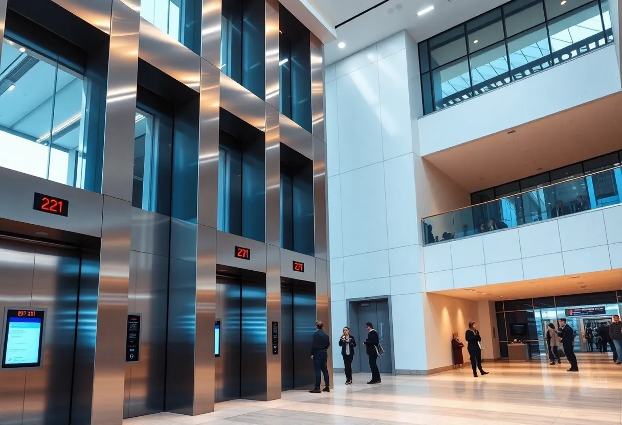 Modern office building lobby with a sleek elevator bank and digital destination dispatch panel