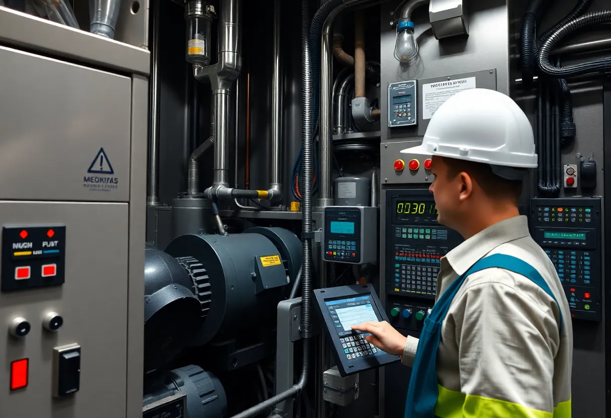 Elevator machine room with modern motor and control systems, technician checking a control panel