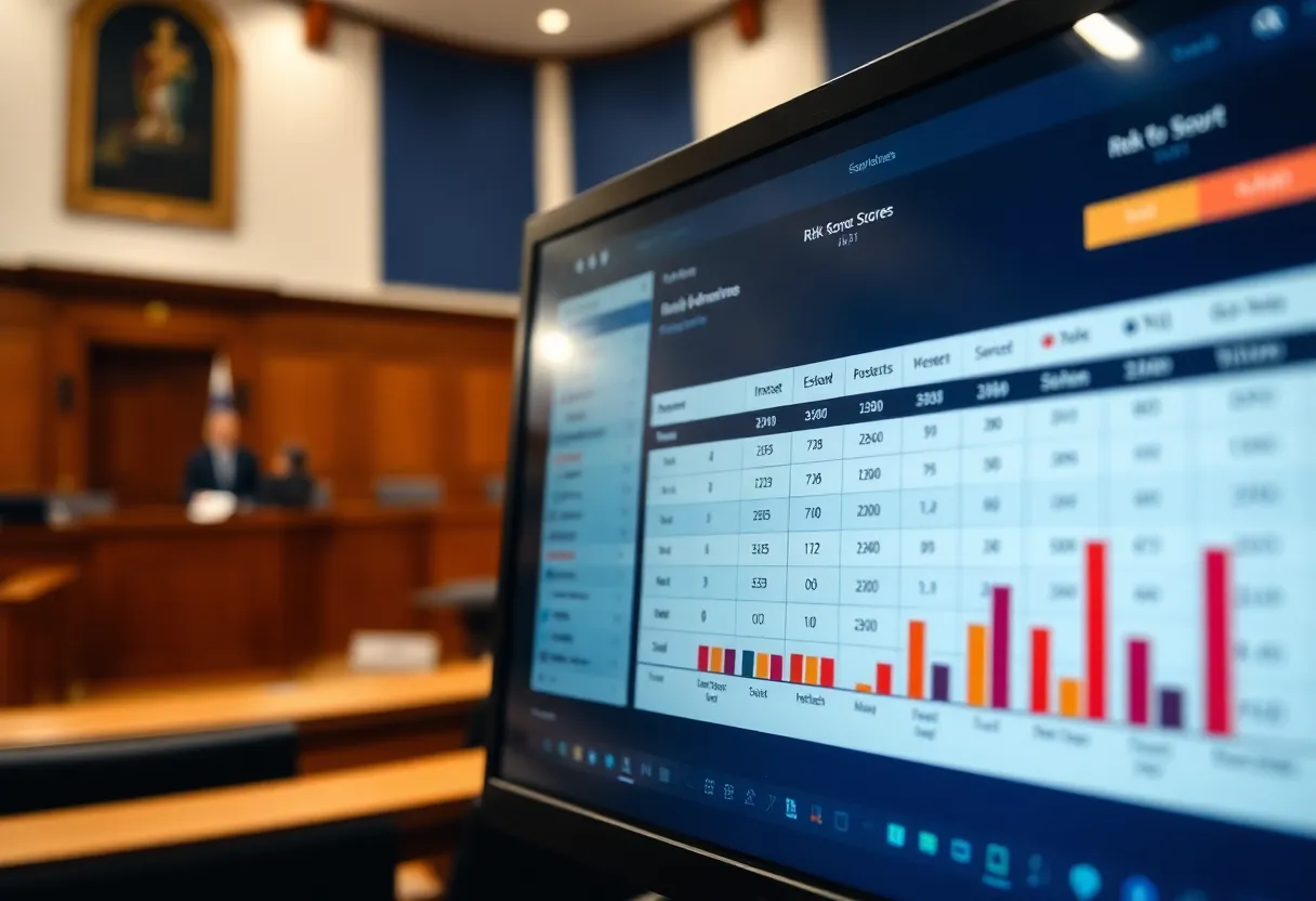 A risk assessment score report displayed on a computer screen in a courtroom office setting