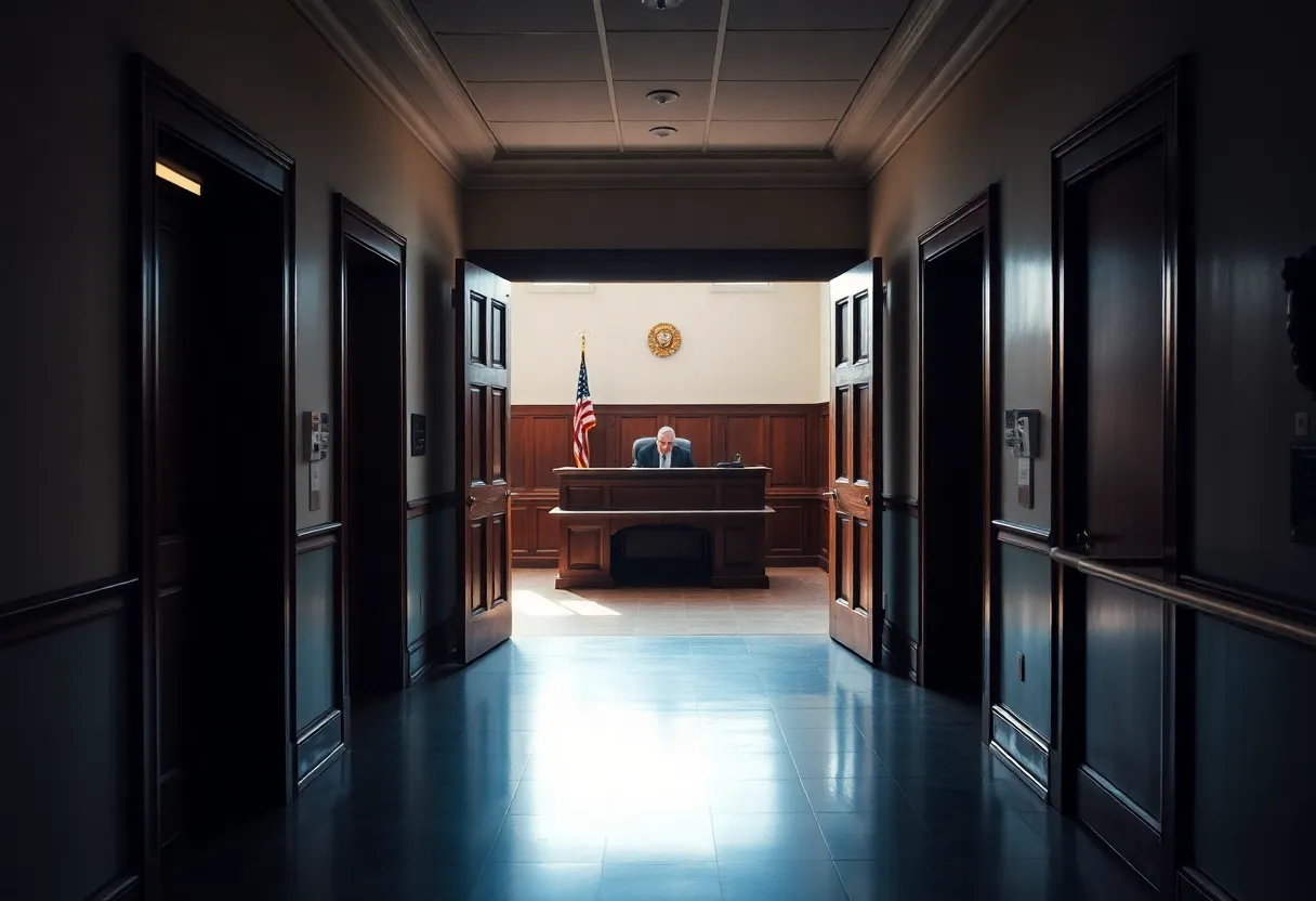 A courthouse hallway with a judge's bench visible through open doors