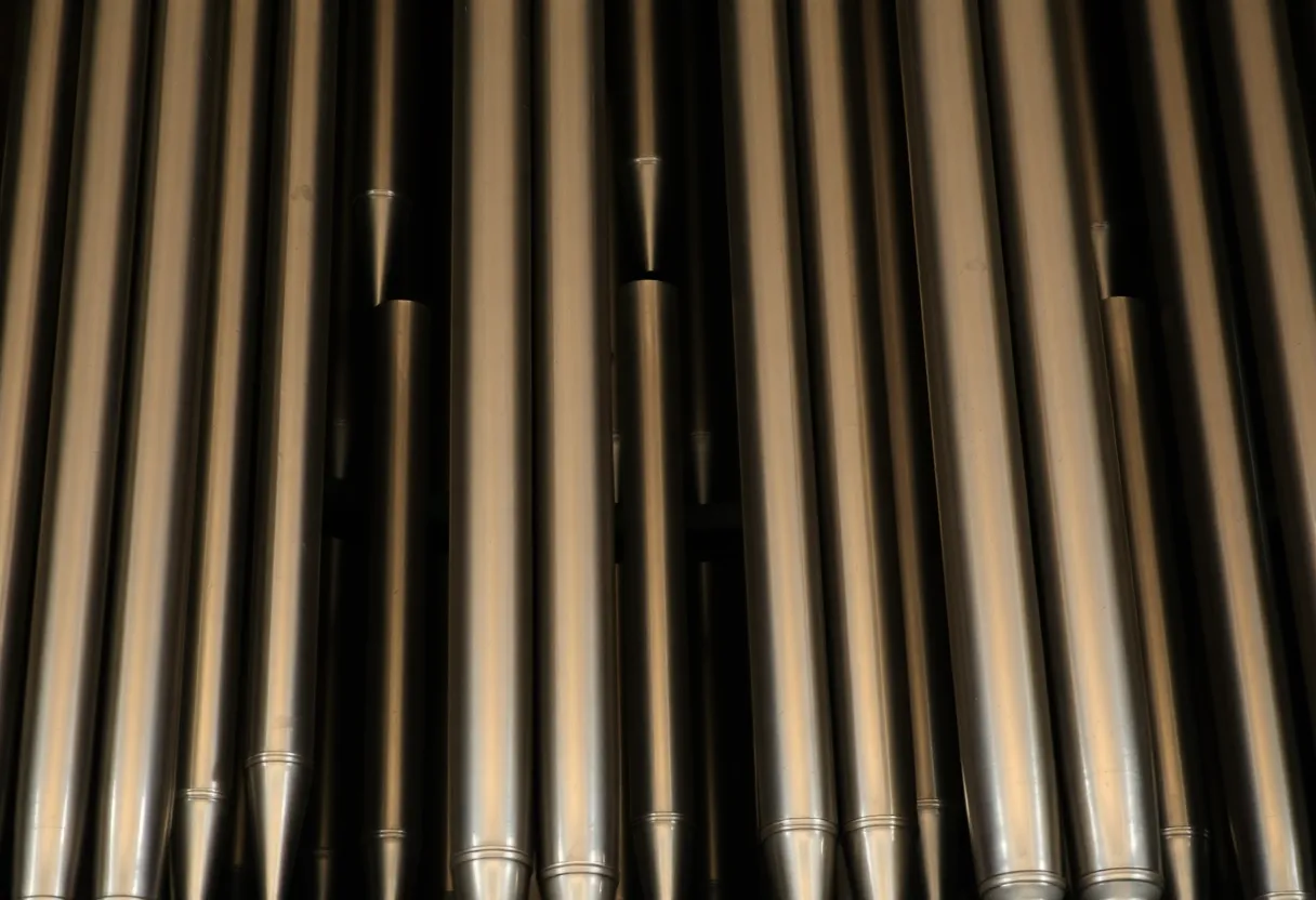 Close-up of hundreds of organ pipes of varying sizes and metals inside a church organ chamber