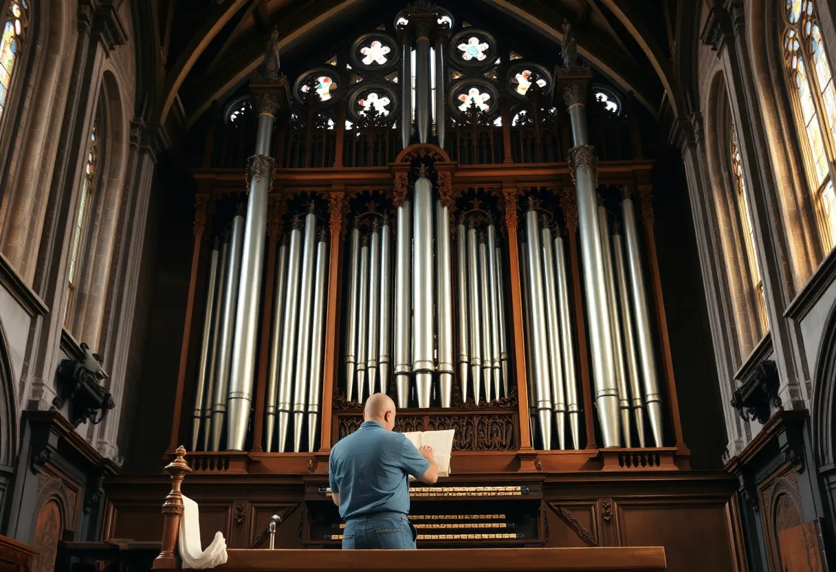 A craftsman restoring an antique pipe organ inside a cathedral with exposed pipes and wooden framework