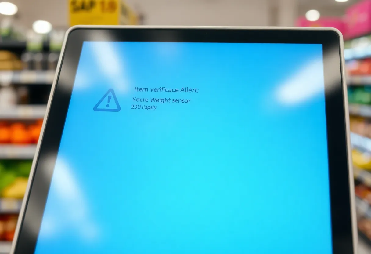 A self-checkout screen showing an item verification alert and weight sensor display