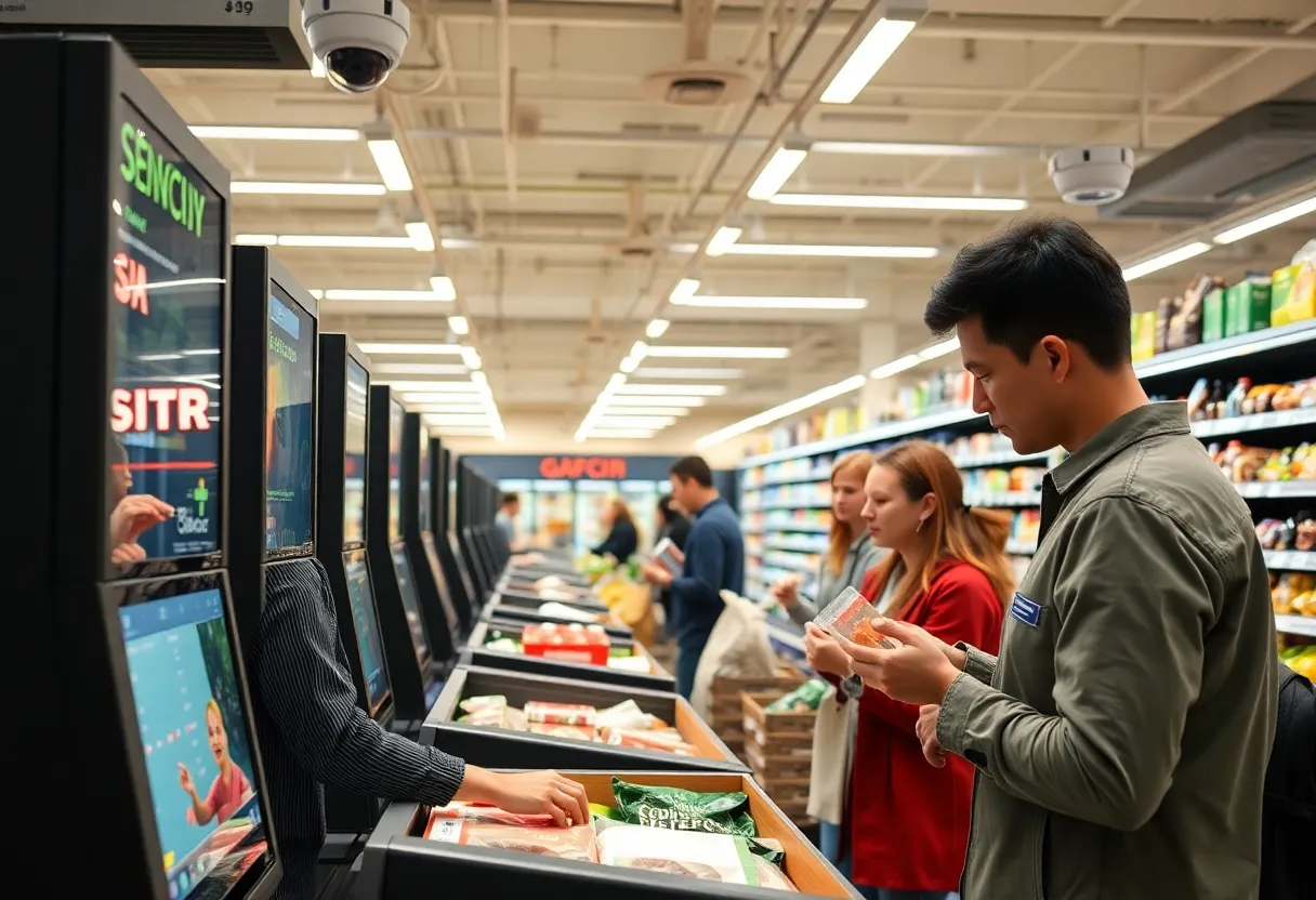 Grocery store self-checkout kiosks with customers scanning items and overhead cameras visible
