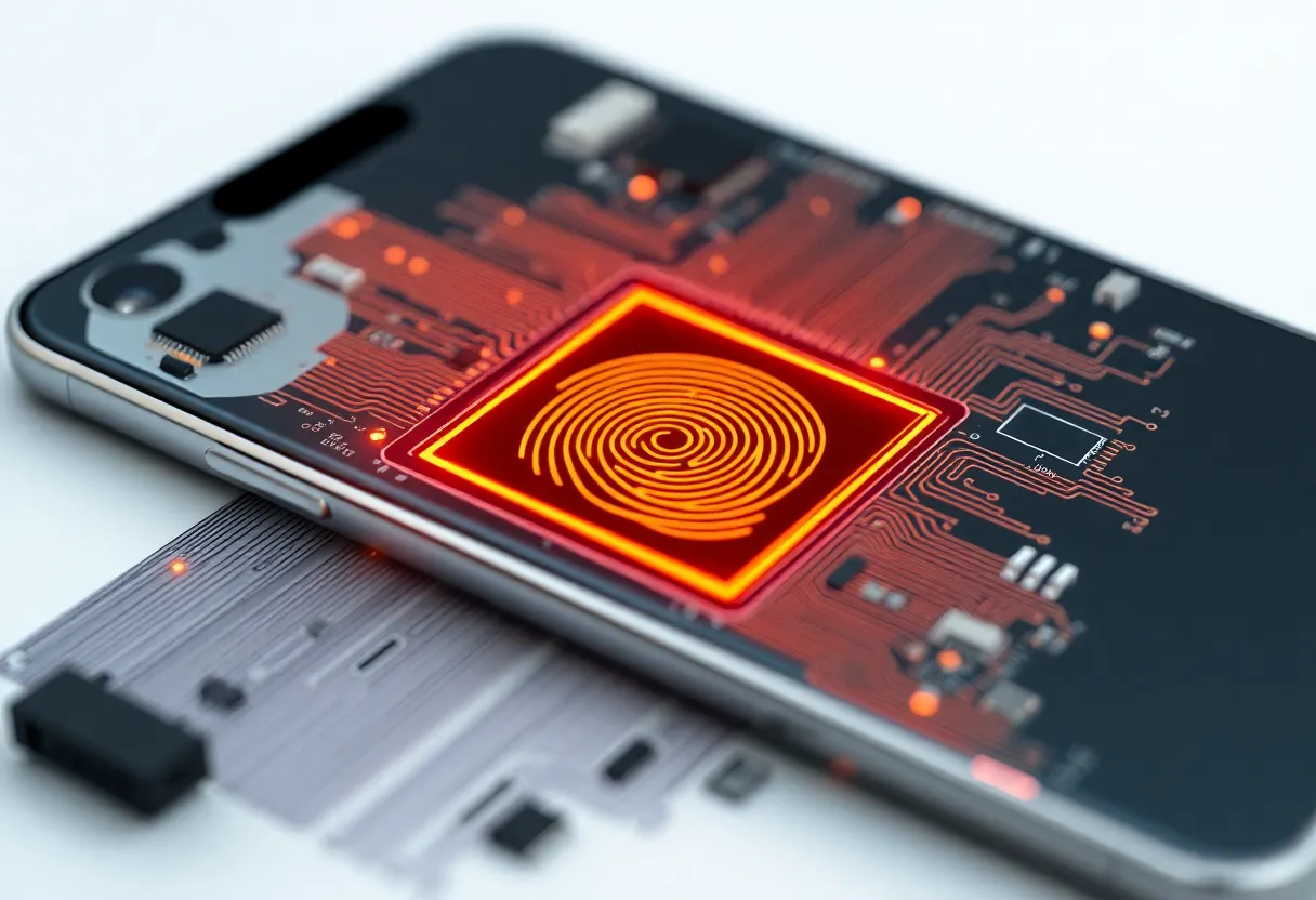 Exploded technical diagram of a smartphone under-display fingerprint sensor module