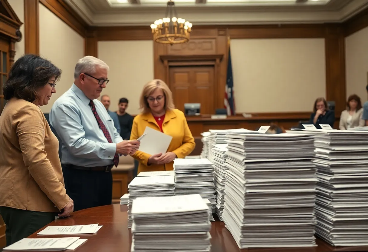 Election officials observing a paper ballot audit process at a table with stacks of ballots