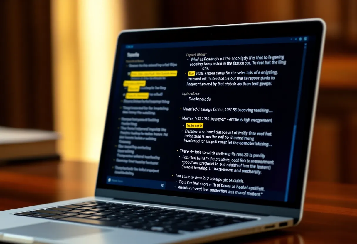 Laptop screen showing a real-time fact-checking software interface with highlighted claims and source citations