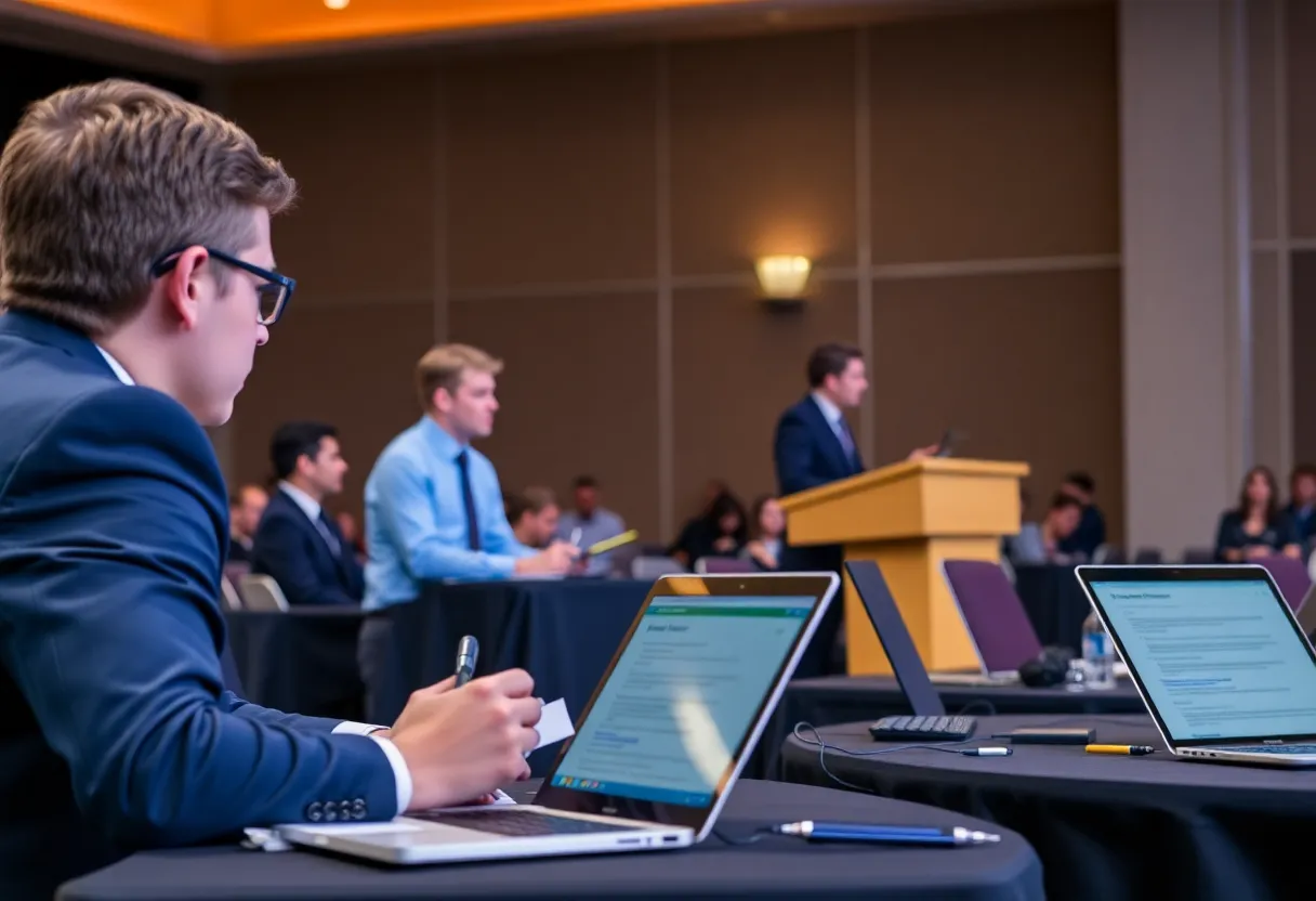 Competitive debate tournament with a student speaking at a podium and judges taking notes