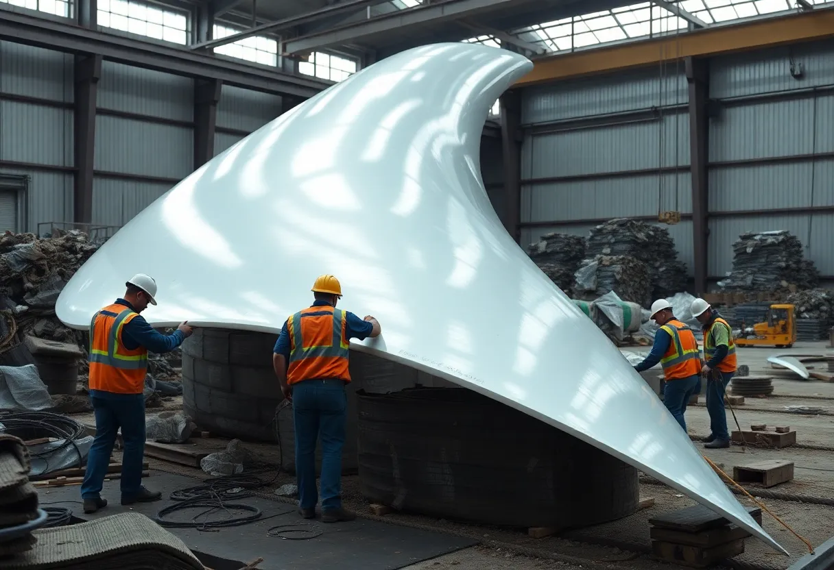 Workers cutting up a large decommissioned wind turbine blade with industrial saws at a recycling facility
