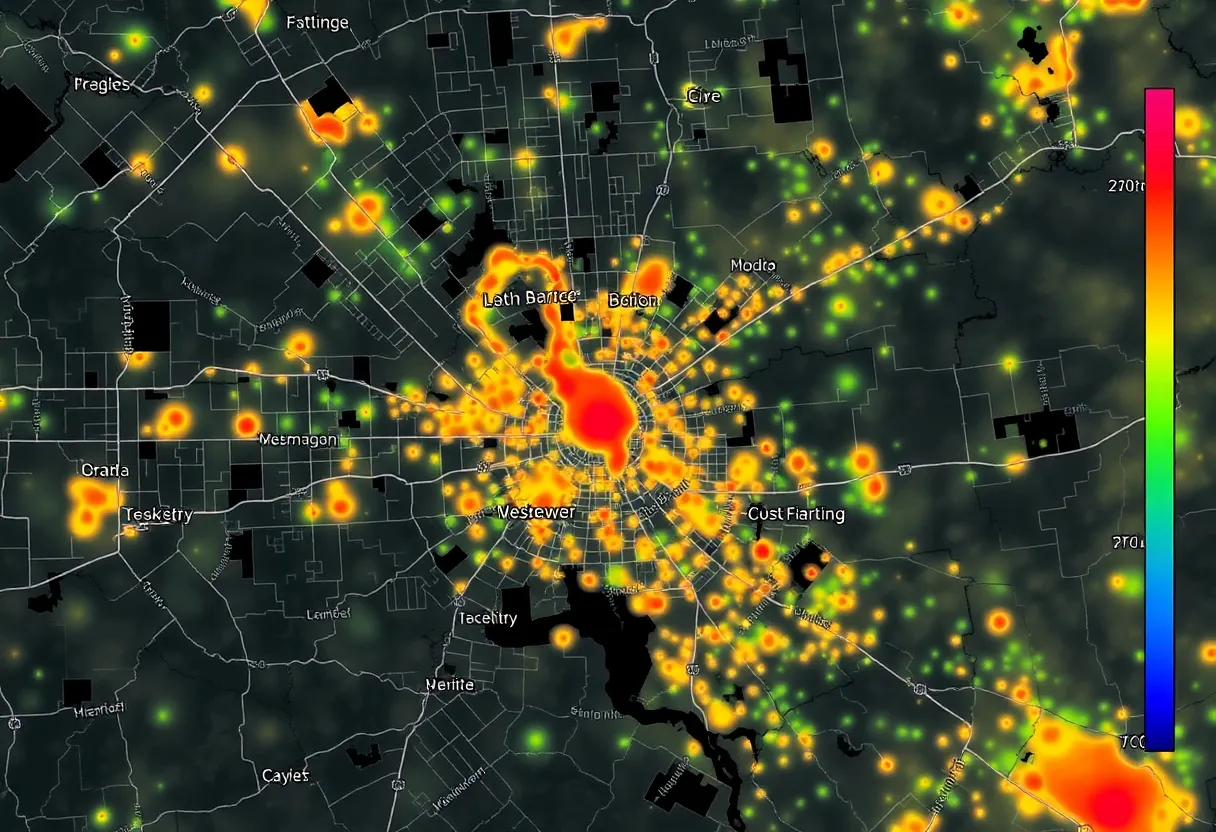 A data visualization showing thermal heat map overlay of a city with hot spots in low-tree-cover neighborhoods