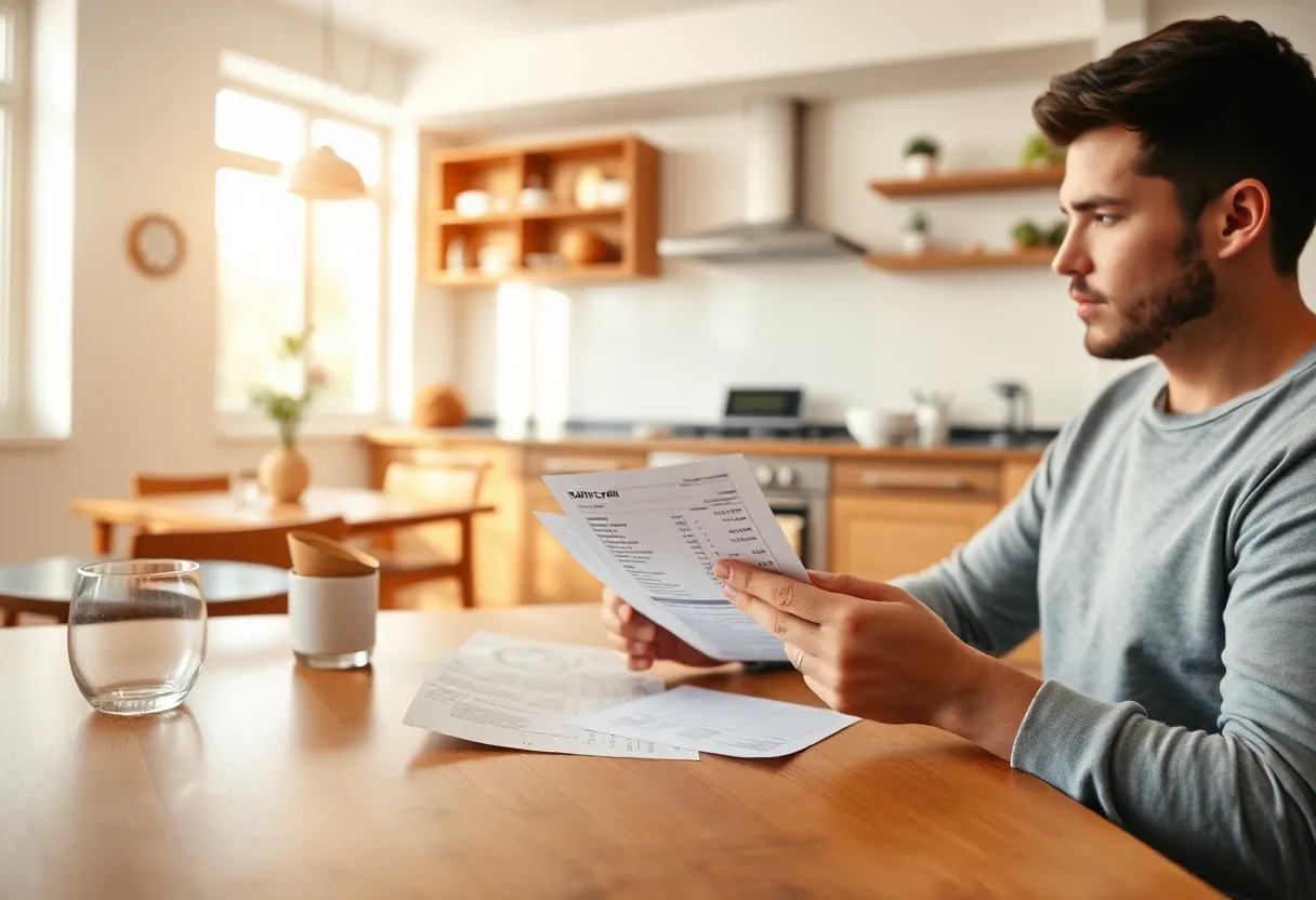 Person reviewing a utility bill with solar credit line items at a kitchen table in an apartment
