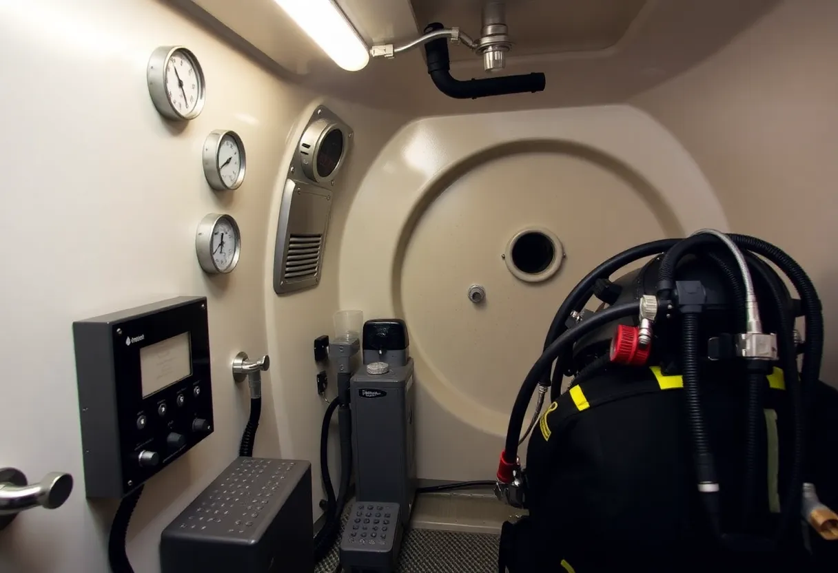 Inside a hyperbaric decompression chamber with pressure gauges and control panel