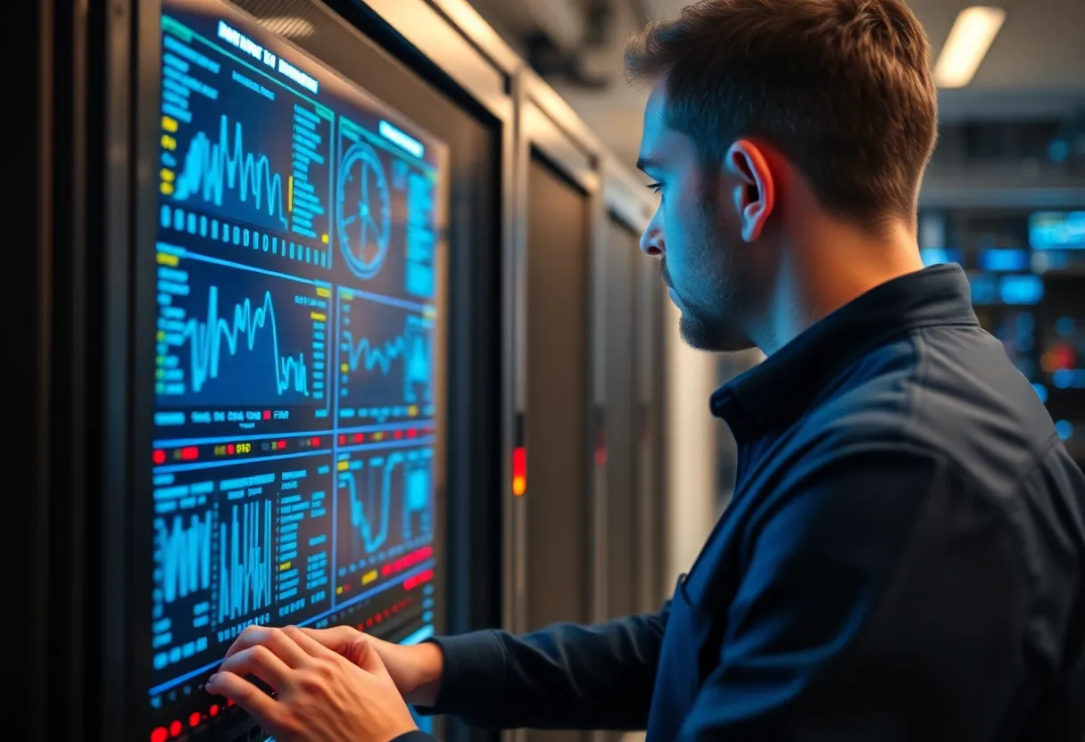A data center technician inspecting server rack diagnostics on a monitor with status indicators