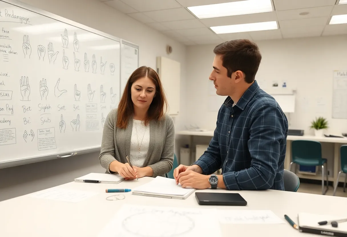 Deaf researcher and hearing researcher collaborating at a whiteboard covered in sign language diagrams