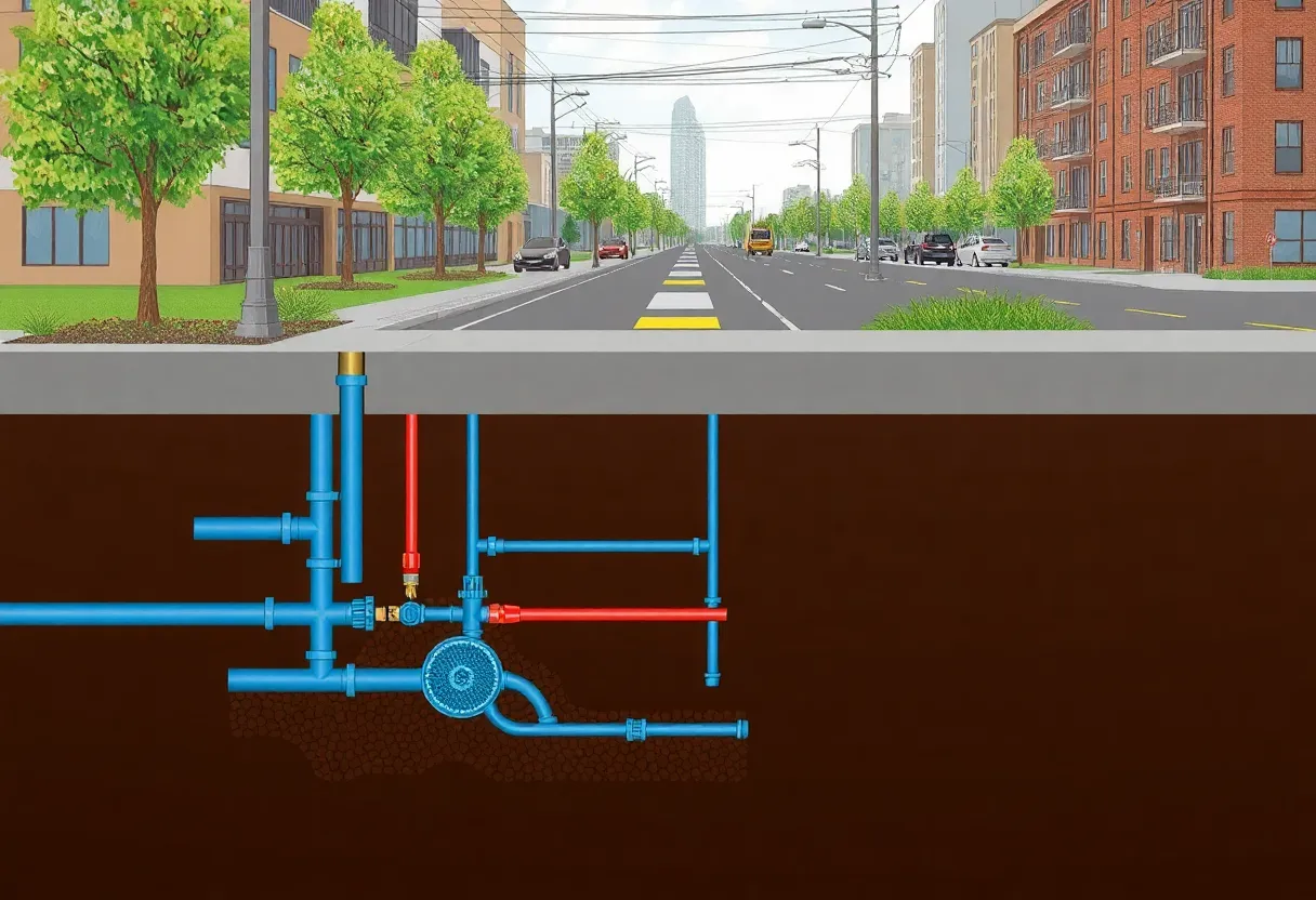 A cross-section illustration of underground utility lines beneath a city street