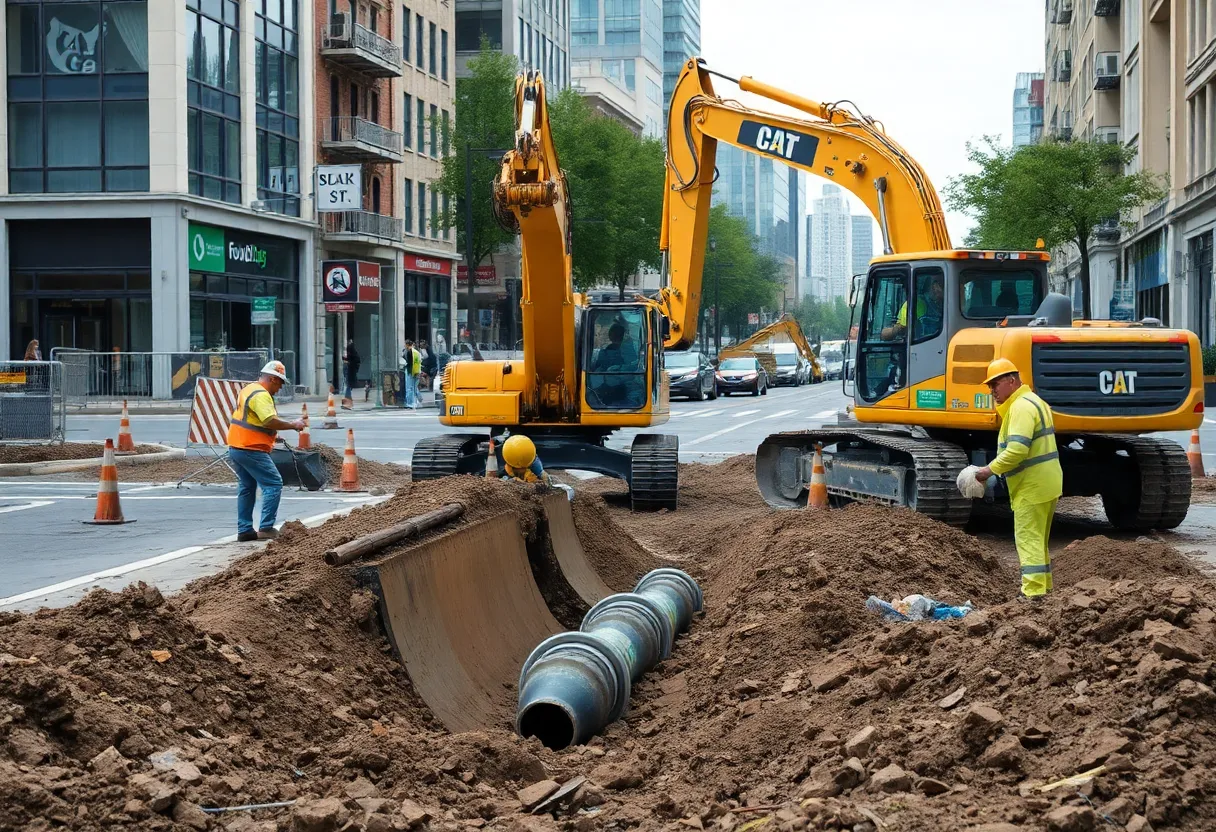 A construction crew excavating a city street to replace an old water main pipe