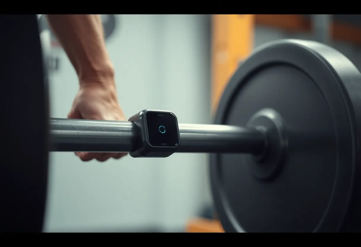 A velocity-tracking sensor device attached to a barbell during a lift