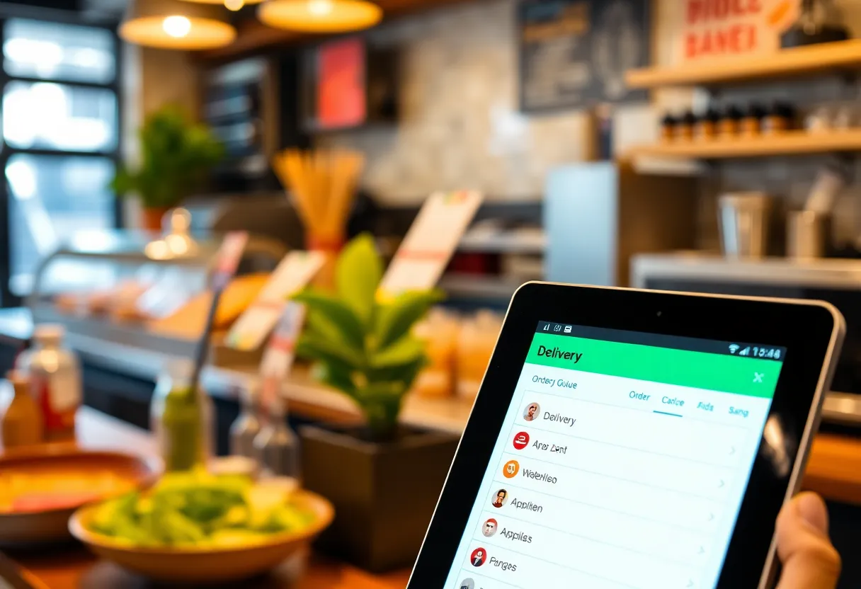 Close-up of a tablet showing a delivery app order queue integrated with a restaurant point of sale system